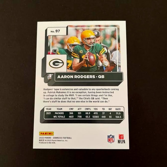 Aaron Rodgers: Green Bay Packers, Quarterback 2022 Panini Donruss Football #97 - Picture 2 of 2